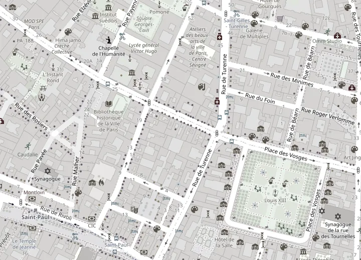 Map of the neighbourhood around the practice, 11 rue des Francs-Bourgeois, 75004 Paris, between Saint-Paul metro and Place des Vosges.