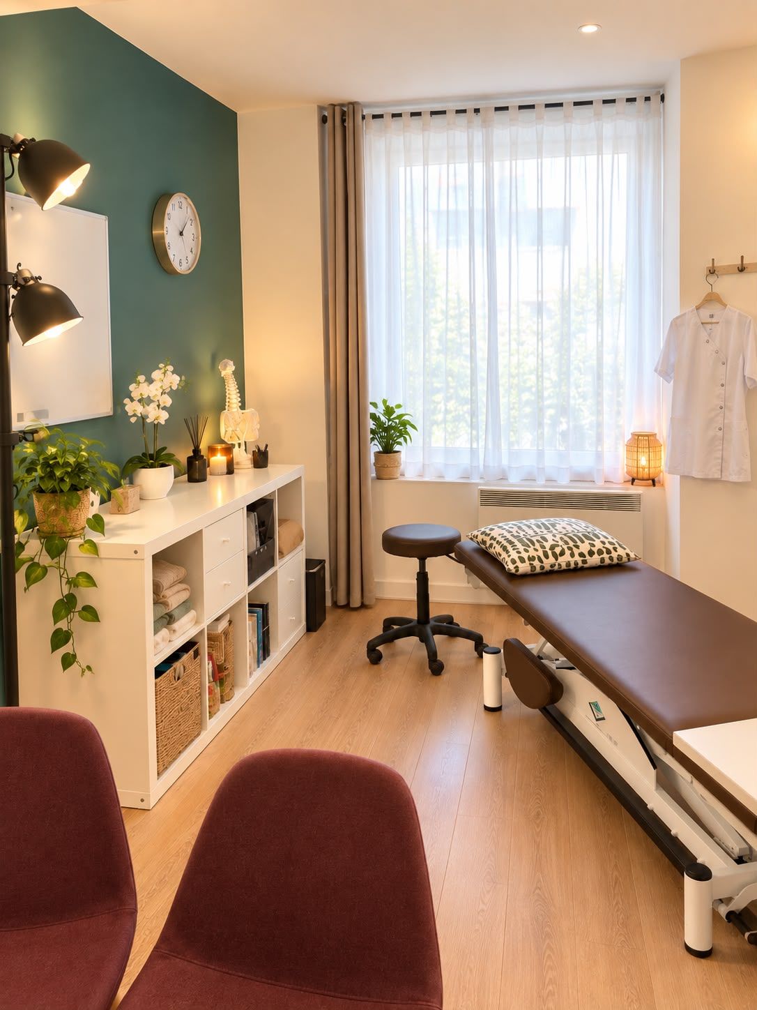 The consultation room: a treatment table, a light storage unit, plants and a large window with sheer curtains.